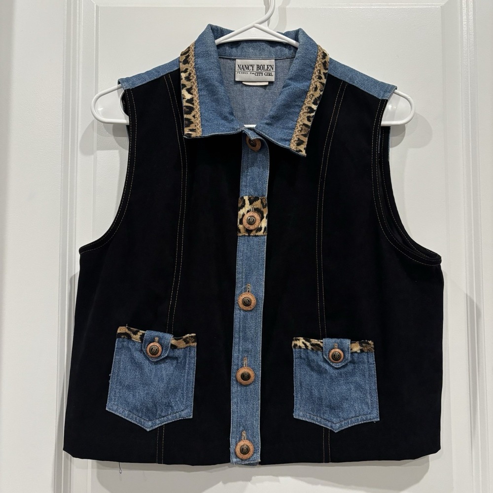 Nancy Bolen Womens Vest City Girl Denim Moleskin Animal Print Trim Size 10